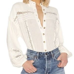 FREE PEOPLE Blouse Womens Summer Stars Button Front Ivory Cream NEW Cotton. Lrg